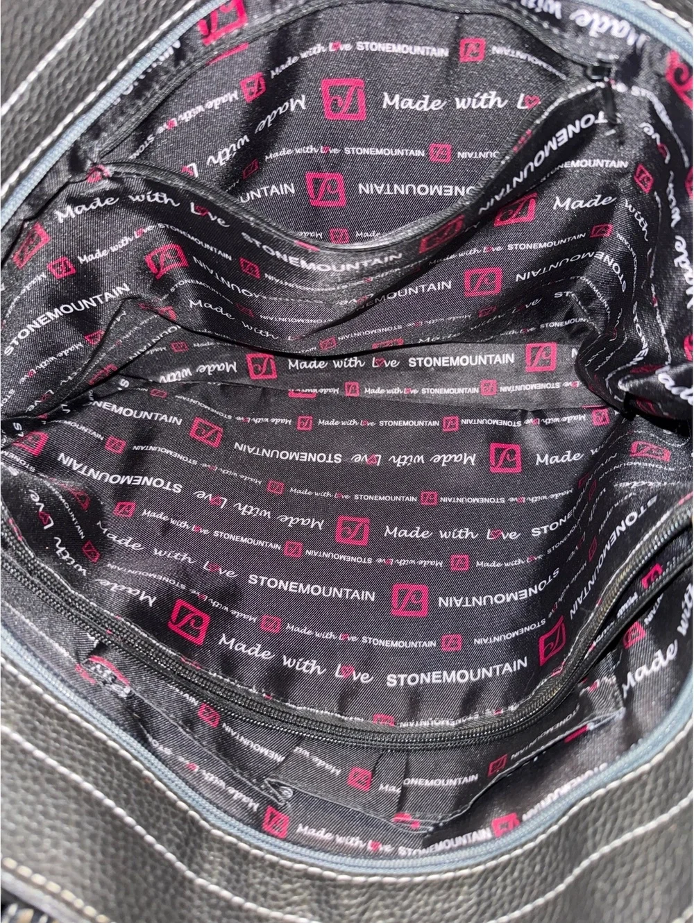 Stone Mountain Black and Gray Leather Tote Bag with White Stripe